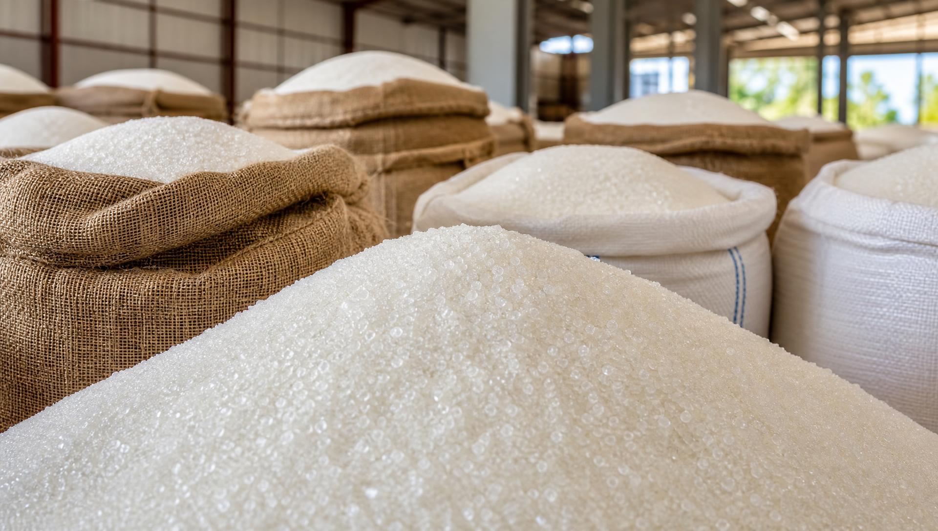 White refined sugar in bulk commodity warehousing
